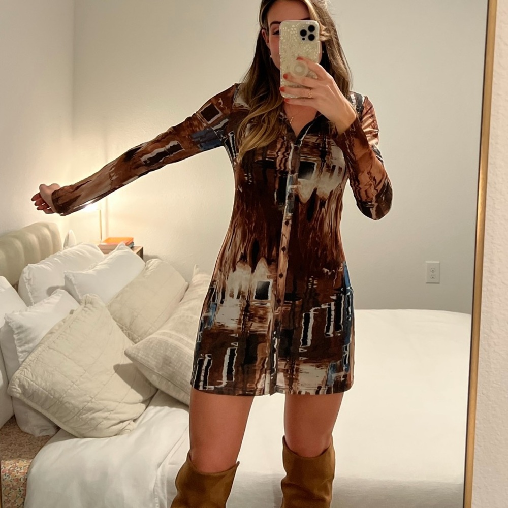 12th Tribe Brown Abstract Button-Front Mini Dress